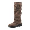 Women's High Boots, Retro British Pant Tube Boots, Round Head, Thick Sole, Thick Heel, Belt Buckle, Knee Boots, Knight Boots.