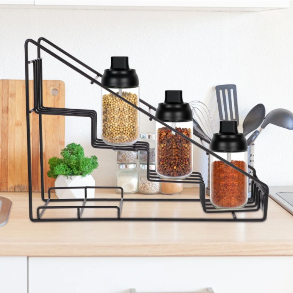 Suporte de Exibição para Garrafas de Xarope Cor Preta Metal Premium Porta-Temperos Suporte para Bebidas Bancada de Cozinha