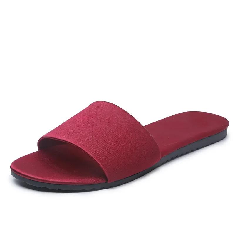 2025 New Home Slippers Flat Casual Satin Simulation Silk Slippers Indoor Non-slip Peep Toe Slides Wedding  Flip Flops