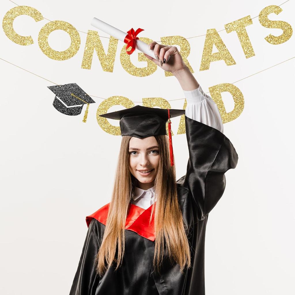 Congrats Grad Banner Gold Glitter Pre-Strung Congrats Grad Sign - 8ft -No DIY - Graduation Party Decorations for Class of 2025 Graduation Decorations