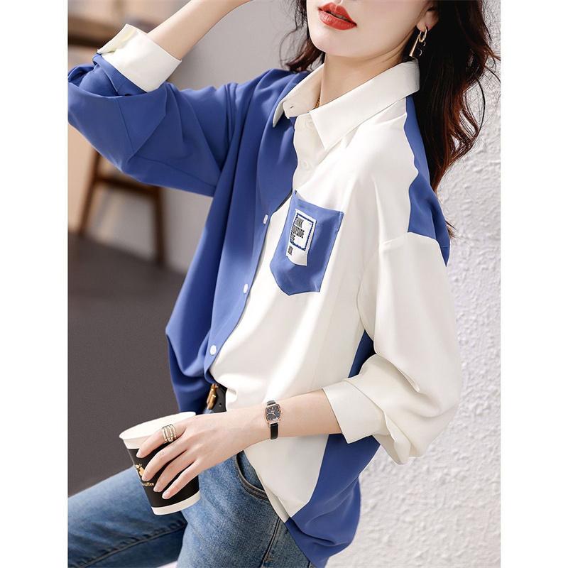 Woman Spring Autumn Style Blouses Shirts Lady Casual Long Sleeve Turn-down Collar Patchwork Printed Tops