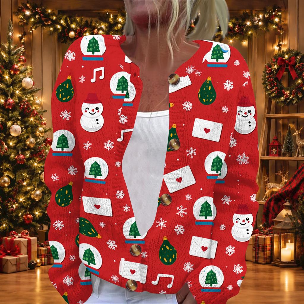 Women's Christmas Print Long Sleeve Knit Cardigan Sweater Button Front for Fall Winter