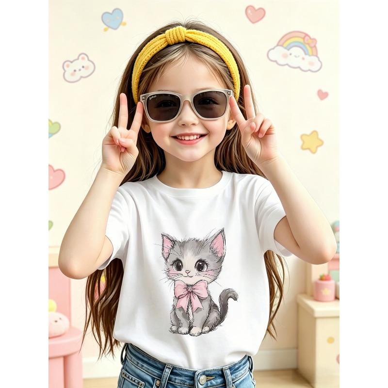 Girls Cute Kitten Cartoon Print Crewneck Short Sleeve Casual Summer Tee 110