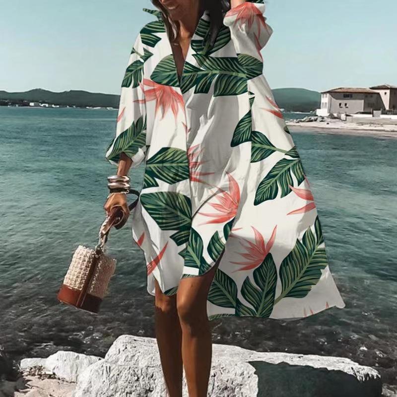 Letní Nové Ležérní Tištěné Šaty Plus Size Dámská Móda Volný Pás Dlouhý Rukáv Košilové Šaty Dámské Vintage Jednoduché Plážová Dovolená Dámské Šaty 26523