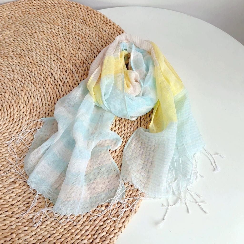 Literary Thin Striped Linen-Cotton Scarf For Women Beach Breathable Sunshade Scarf With Tassel