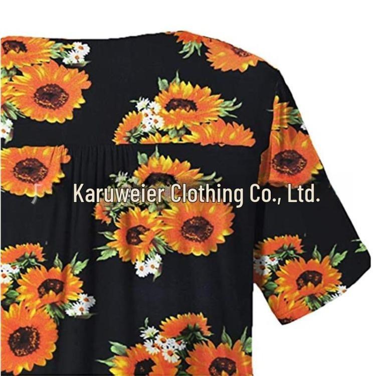 Women Summer Casual Floral Print Short Sleeve Henry Shirt