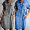 Women Plus Size Denim Dress Knee Length Loose Single Breasted Short Sleeve Irregular Hem Spring Summer Dresses with Pockets