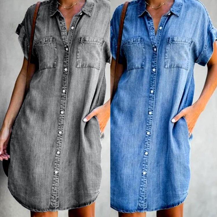 Women Plus Size Denim Dress Knee Length Loose Single Breasted Short Sleeve Irregular Hem Spring Summer Dresses with Pockets