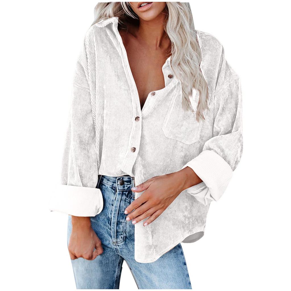 Womens Casual V Neck Long Sleeve Button Corduroy95%polye Casual Blouse Coat Tops