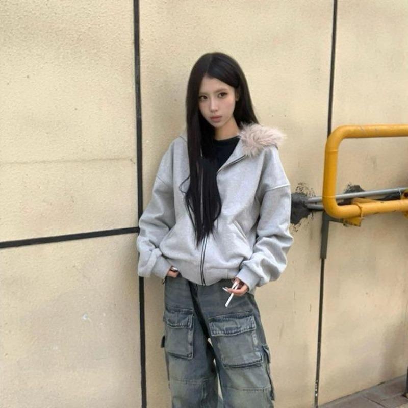 2KWEIRD Harajuku Ležérne Kožušinové Patchworkové Mikiny s Kapucňou Dámske Y2k Estetické Voľné Vreckové Streetwearové Bundy Grunge Jesenné Mikiny
