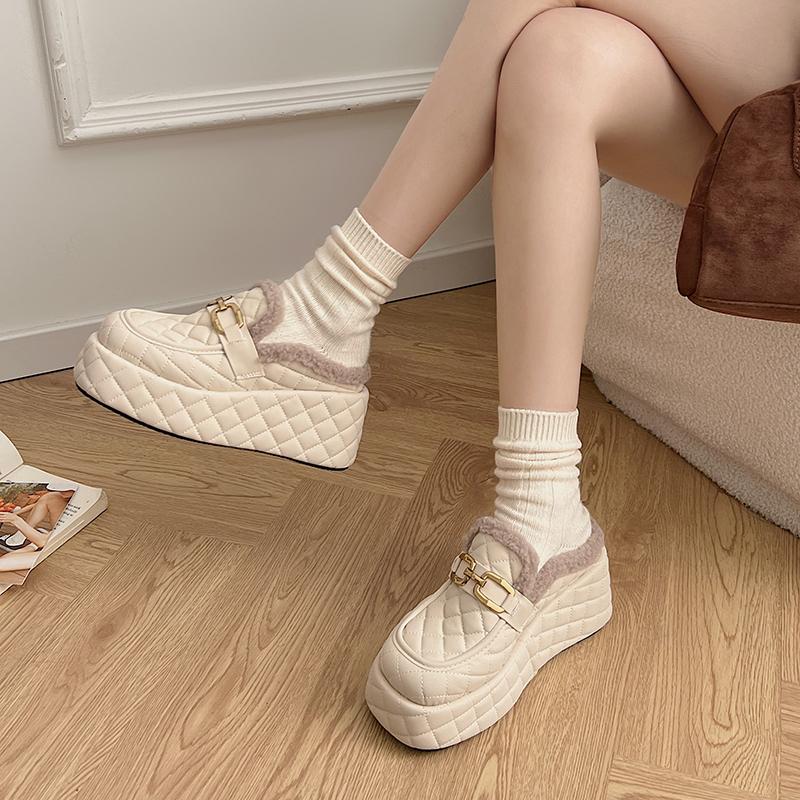 Fashion Aphixta 8cm Platform Metal Buckle Design Slippers Women Wedge Slides Women Shoes Checkered Furry Slides Slip On Winter Shoes
