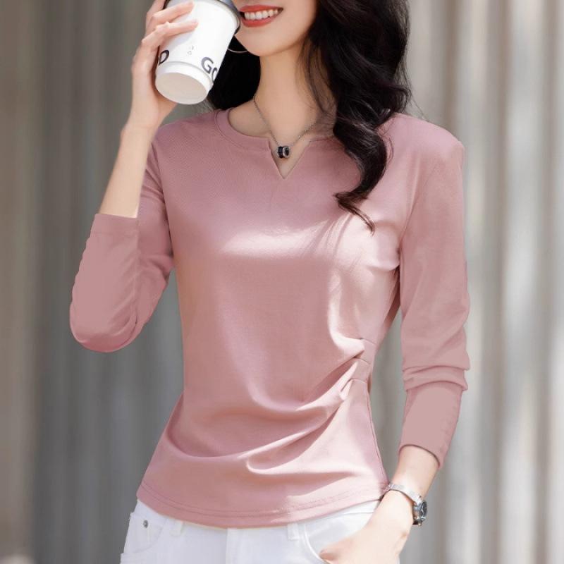 Long-sleeved T-shirt for Women Early Autumn Pleated Waist Top Ins Front Shoulder Versatile Inner Base Shirt