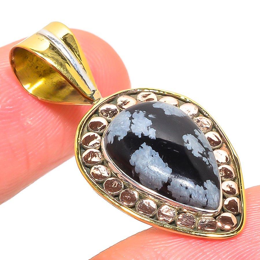 Natural Snowflake Obsidian Two Tone 925 Solid Sterling Silver Pendant 1.50" F6k24