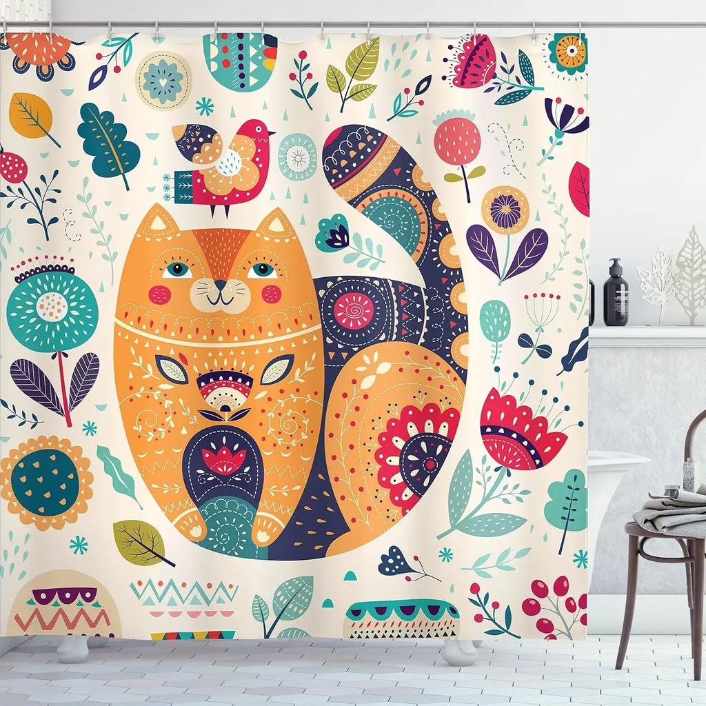 Vintage effect funny whimsical humor cat shower curtain fabric bathroom decoration shower curtain with hook, 180x180cm