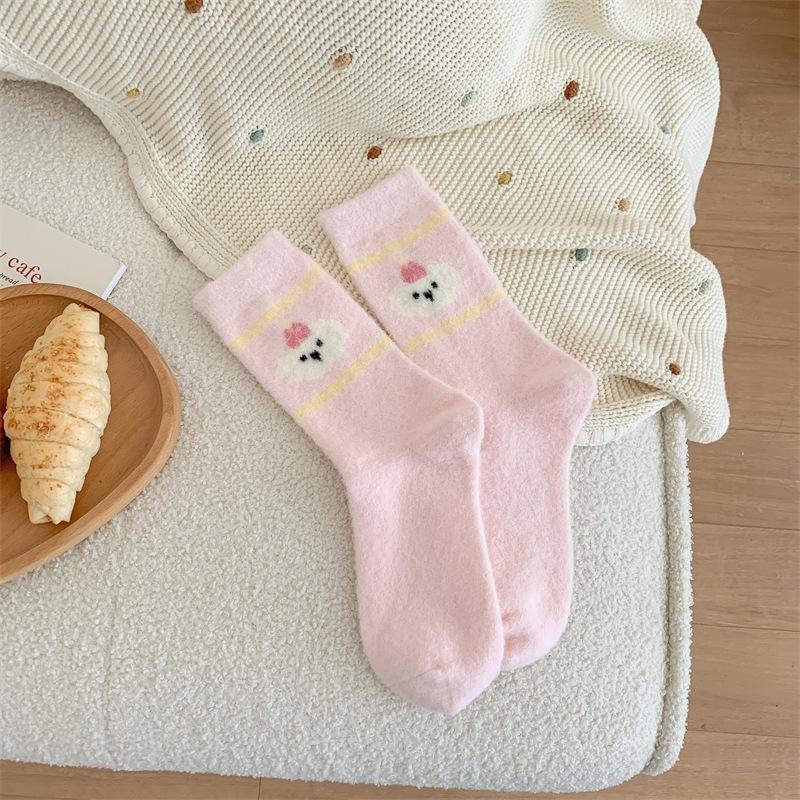 Pink Australian Fleece Socks Thickened Warm Socks Cartoon Striped Cute Plush Floor Socks