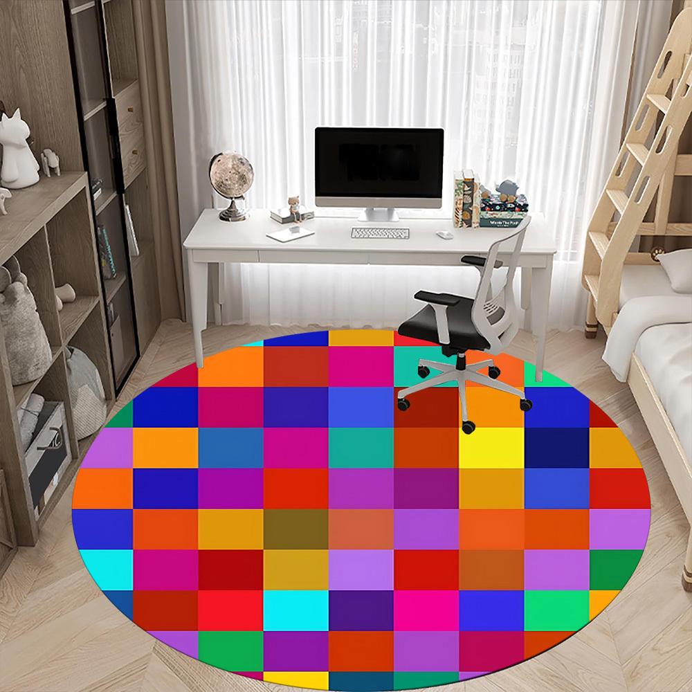 1pc Colorful Checkered Pattern Chair Carpet for Office, Round Polyester Mat, Indoor Decor for Office, Easycare Fabric, Washable Non-slip Area Carpet