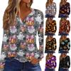 Haut T-shirt Décontracté Mode Femme Imprimé Halloween Col en V Bouton Bordure Manches Longues
