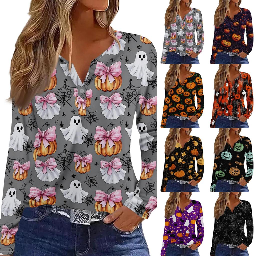 Haut T-shirt Décontracté Mode Femme Imprimé Halloween Col en V Bouton Bordure Manches Longues