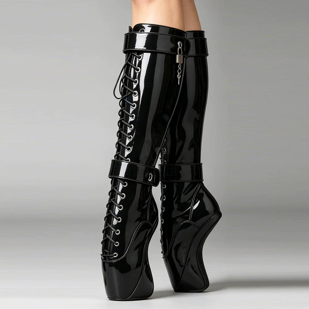JIALUOWEI Frauen Abschließbare Vorhängeschlösser Fetisch Sexy Spitze Kreuzgebundene Kniehohe Stiefel 18 cm Ballettstiefel Mit Ultrahohem Hufabsatz