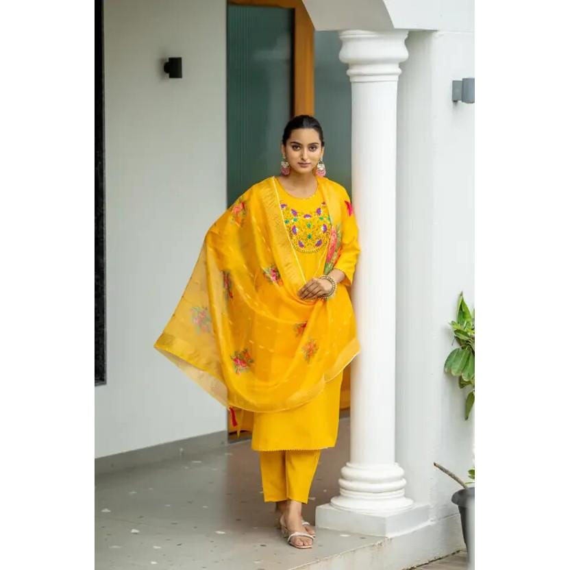 Indian Pakistani Women Cotton Rayon Kurti Pant Dupatta Set Salwar Kameez Dress SC-2247