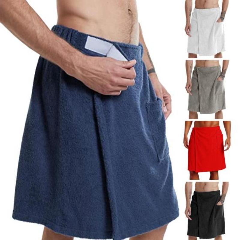 Men Bathrobe Bath Towel Adjustable Elastic Waist Homewear Nightgown Pocket Outdoor Sports Swimming Gym Spa Towel