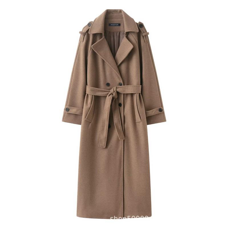 Womens Winter Wool Blend Double-Breasted Trench Coat Longline Classic British Style Streetwear Outerwear