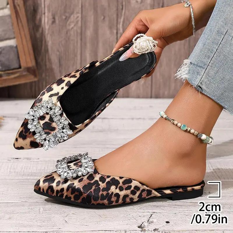 Fashion Sexy Leopard Pointed Toe Slippers Women 2025 Summer Flat Heels big Crystal Buckle Shoes Women Fashion Mules Shoes
