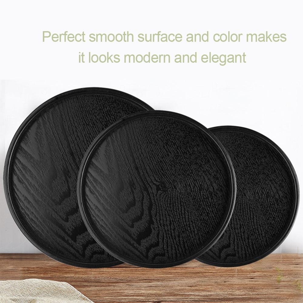 Round Shape Wood Serving Tray Non-Slip Solid Wood Food Serving Tray Black Decorative Serving Plate Kitchen Serving