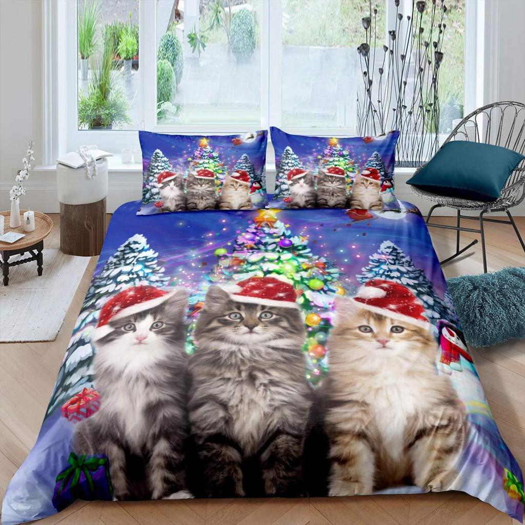 Cute Cat Duvet Cover Bedding Three-Piece Set 3D Animal Digital Printing Quilt Cover