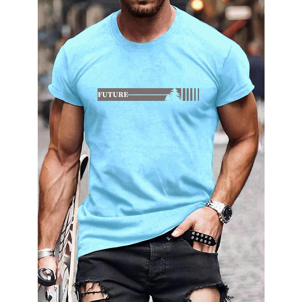 Men's Summer 100 Cotton Fashionable Casual Loose Plus Size Future Pattern Printed Sports Round Neck Short Sleeve T-shirt Top