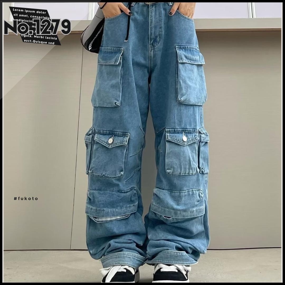

[USED] Denim cargo pants, Y2K, grunge, Korean, retro punk, wide flare, size S