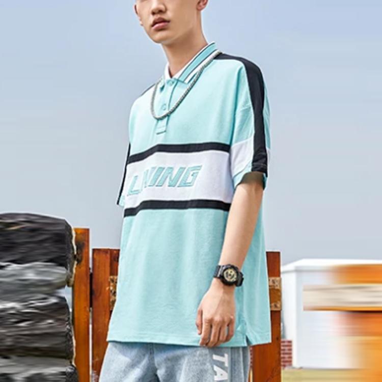 Li Ning Sports Fashion Series Letter Print Color Block Loose Short Sleeve Polo Shirt Men Polo Shirts Clear-Water-Blue APLR113-4