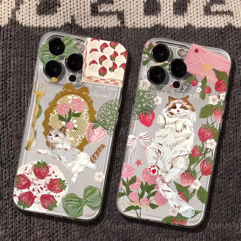 Korean Painted Cat Strawberry Flower Phone Case For Samsung Galaxy A14 A15 S21 S22 S23 S24 FE Plus Ultra A25 A35 A52 A53 A54 A55