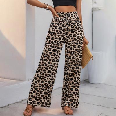 Women's Lace-Up Trousers Summer Fashion Leopard Print Pressure Pleat Wide Leg Pants