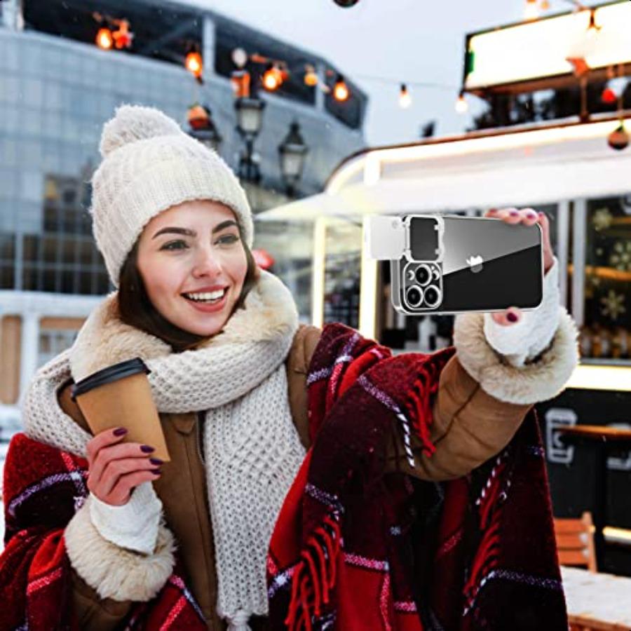 for iPhone 14 Pro Max 6.7 Selfie Light Case Crystal Clear Rechargeable LED Flash Bumper for Live Stream Makeup TIK Tok Video Co