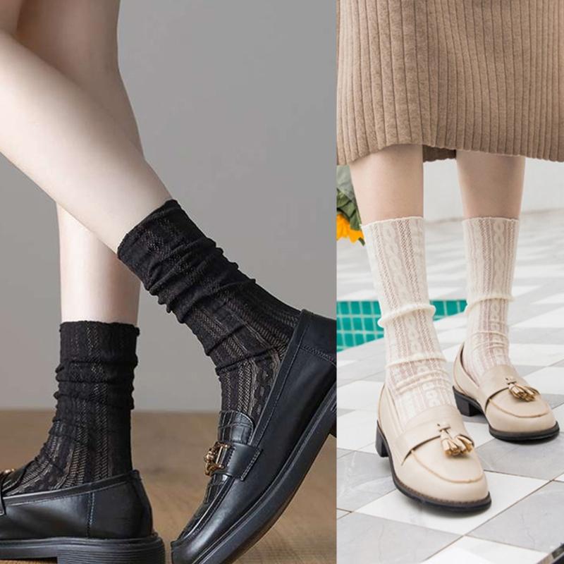 Women Lolita Preppy Style Mesh Lace Crew Socks Twist Striped Jacquard Patterned Solid Color Princess Mid Tube Hosiery