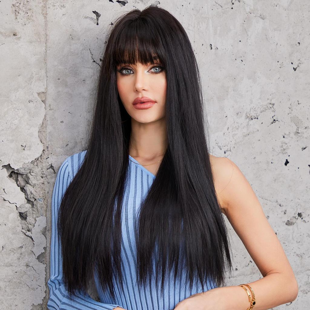 ALAN EATON Black Synthetic Wigs with Bangs Long Straight Black Wig High Temperature Fiber Wig for Daily Cosplay Hair Women Use