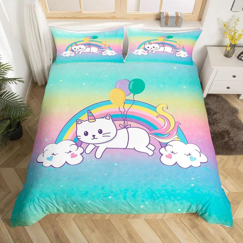 Comforter Cartoon Cat Unicorn Sweet Strawberry Milk Bedding Set Pet Animals Comforter Desserts Cakes Food