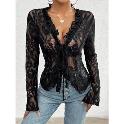 T-shirts Sexy en Maille Dentelle à Manches Longues pour Femmes Hauts à Lacets Col en V Transparent Décontracté Transparent Basiques Chemisiers à Nouer sur le Devant pour Vêtements de Club