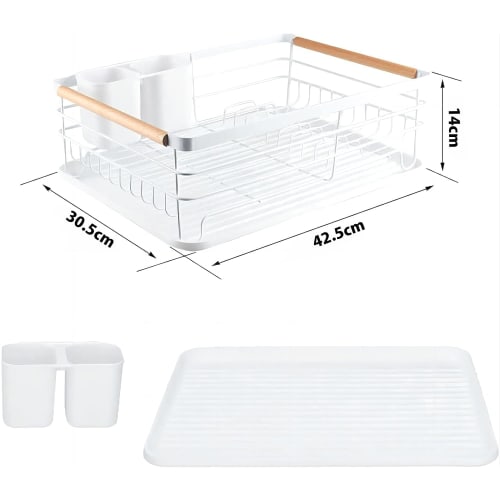 HASONA Dish Drainer, Dish Drying Rack, Horizontal Storage, Rust-Resistant, Wooden Handle, Large Capacity, Kitchen Storage, Dish Rack, Plate Stand, Cho