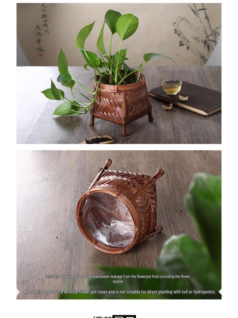 Bamboo Weaving Decorative Flower Pot Cover and Arrangement Basket - Handmade Retro Vase and Green Dill Storage