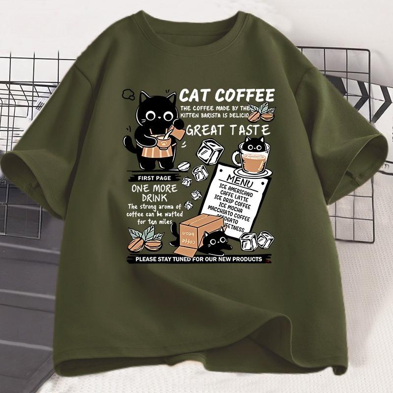 Funny Cat Make Coffe Print T Shirt for Unisex WOMEN Tshirt Summer Loose Cotton Short Sleeve Trendy Y2k Tops Unisexs Designer Clothes