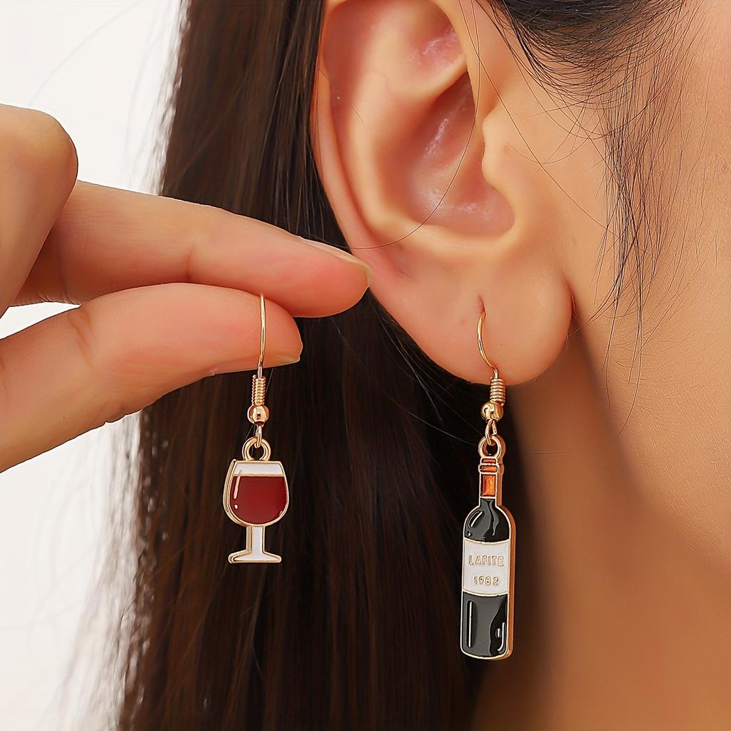 Asymmetry Red Wine Bottle Cup Dangle Drop Earrings For Women Statement Jewelry Gifts