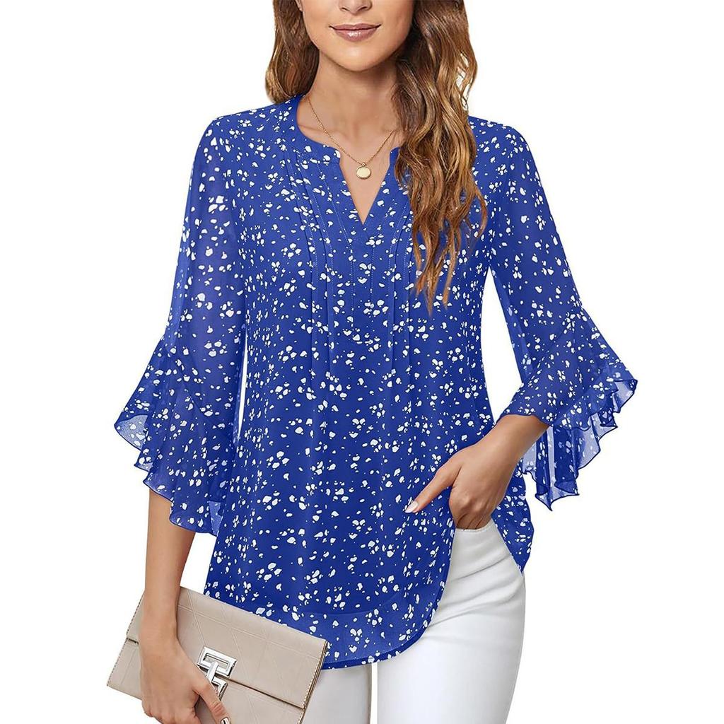 My Garderobe Authorization Damenblusen Chiffon Rüschen Kurzarm V-Ausschnitt Business Casual Tops Sommer süßes Hemd