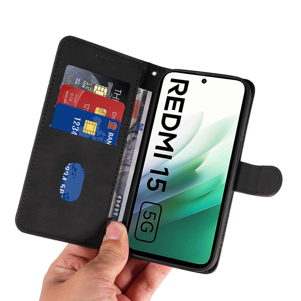 For Xiaomi Redmi 15 5G (Global) (169mm) Wallet Case Leather Phone Cover Stand with Curved Line Design