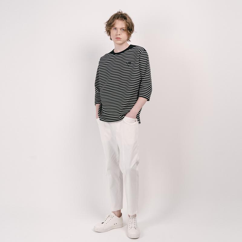 CUSTOMUS Contrast Shoulder Yarn-Dyed Stripe 3/4 Sleeve T-Shirt Cxs25Skrt303 Bla