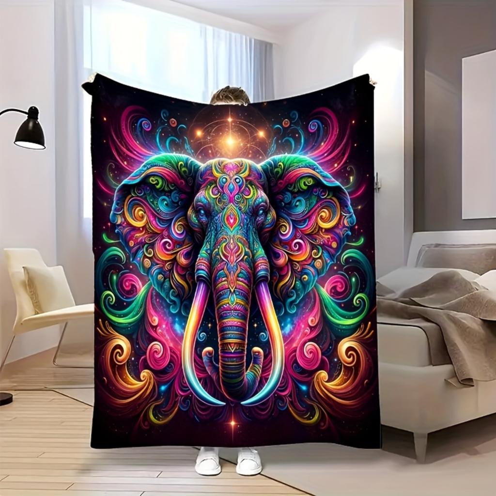 A Vintage-style, Vibrant Abstract Art Elephant-themed Flannel Blanket - Soft and Warm, Perfect for Camping, Sofas, Beds, and Cha