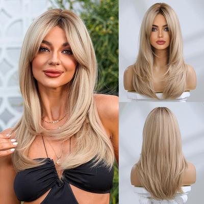 Synthetic Fiber Wigs for Women Long Straight Wavy Brown Blonde Wig with Bangs Heat Resistant Fashion Natural Daily Party
