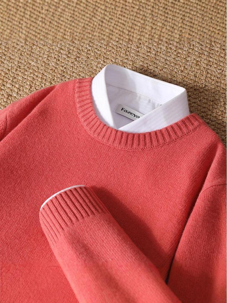 Men's Pure Wool Thickened Winter Pullover - Color Block Round Neck Cashmere Sweater