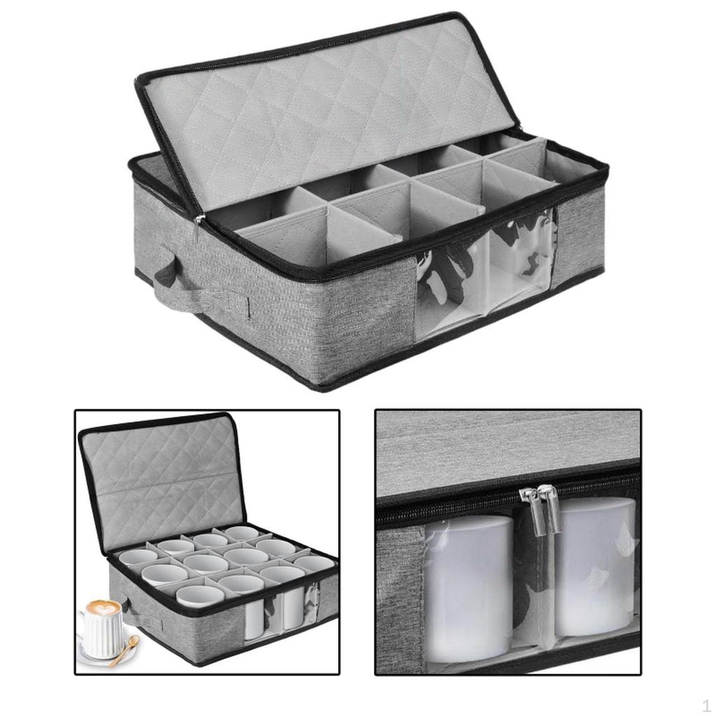 Coffee Cup Storage Box Tea Cups Container Zipper with Dividers Multipurpose Convenient Clear Window